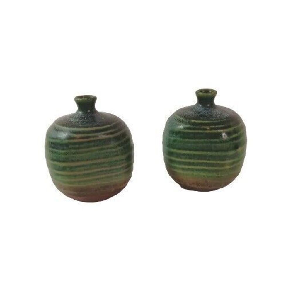 Vintage Takahashi Vases Weed Pot Blue Green Brown Set Of Two 3.25" X 3" EUC